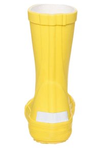 Botte de pluie en caoutchouc jaune avec un corps texturé, finition brillante et doublure intérieure blanche. Dotée d'une semelle plate et d'un accent rectangulaire.
