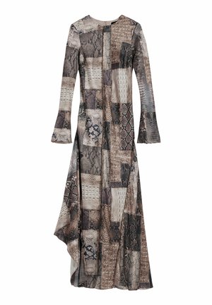 Long dress featuring a patchwork design of snake and crocodile textures in shades of brown, beige, and gray. Flared sleeves and asymmetric hem.