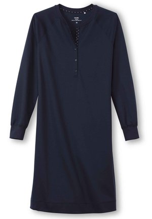 Tumed sinine pikakäiseliseks öökleit nööbistatud henley kaelusega, raglan varrukatega ja täppidega aktsentidega kaeluse ääres. Pehme tekstuur.