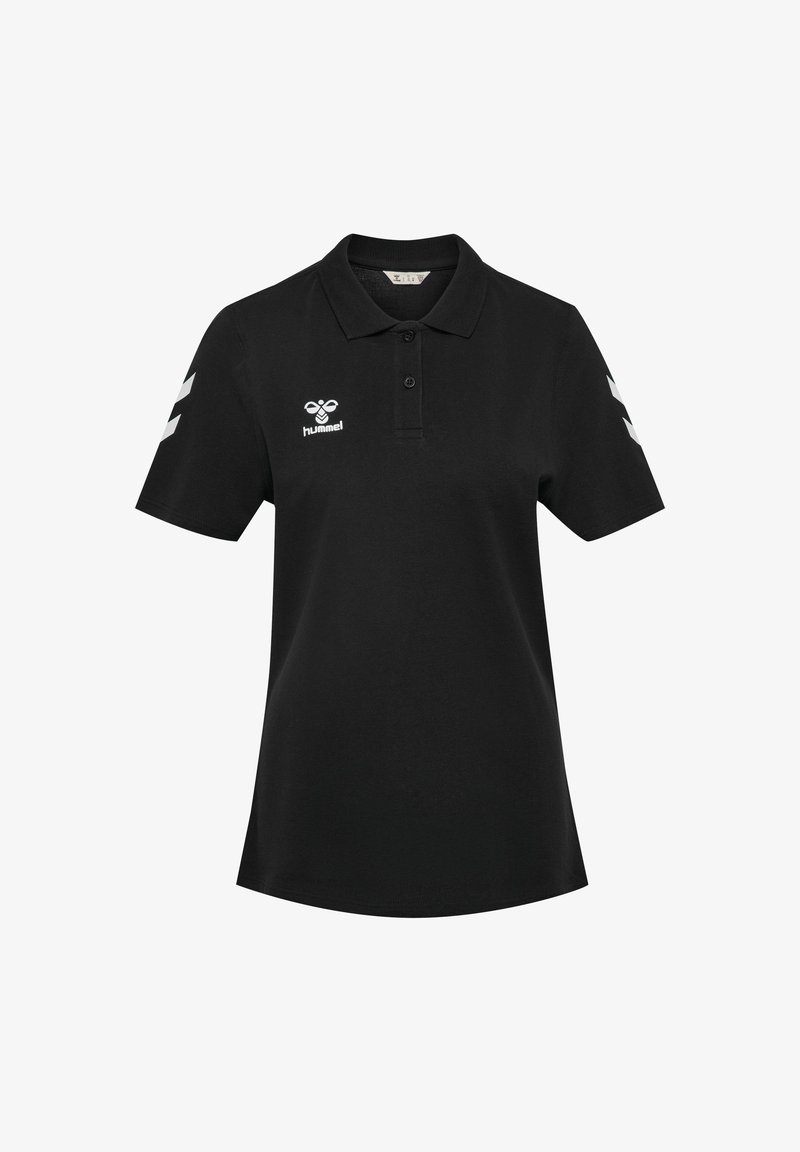 Zwart poloshirt met korte mouwen, kraag, dries knoopsluiting en wit logo op de borst. Voorzien van twee witte chevrons op elke mouw.