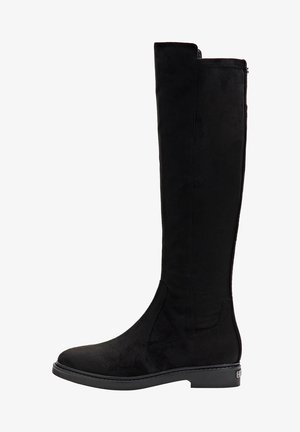 Botte noire montante jusqu'au genou avec semelle plate et bout arrondi, équipée d'une fermeture éclair à l'arrière et de détails de couture subtils.