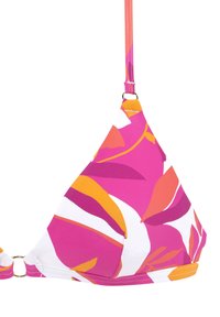 Trojuholníkový bikiny top v ružovej farbe s oranžovými a bielymi vzormi listov. Obsahuje krúžok a nastaviteľný popruh. Hladká, elastická tkanina.