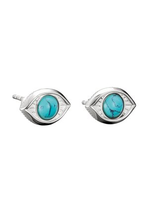 Silberne Ohrstecker in Form von Augen mit runden Türkissteinen in der Mitte und gravierten Details im umgebenden Metall.