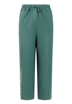 Groene broek met elastische taille en een trekkoord, met wijde pijpen en zichtbare stiknaden aan de voorkant.