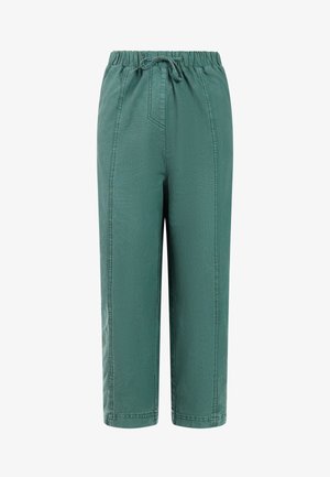 Groene broek met elastische taille en een trekkoord, met wijde pijpen en zichtbare stiknaden aan de voorkant.