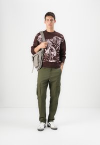 Suéter marrón con un diseño de montaña rosa, pantalones cargo verde oliva y bolso de hombro gris. Zapatillas blancas con acentos grises y negros.
