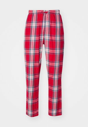 Red plaid pants with an elastic waistband, featuring a checkered pattern in white and blue accents, made of soft fabric.