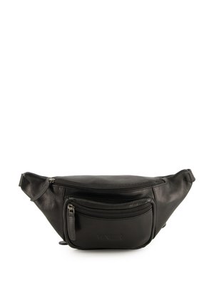 Schwarze Leder-Gürteltasche mit verstellbarem Riemen, glatter Textur, einem Haupt-Reißverschlussfach und einer Vordertasche mit einem kleineren Reißverschluss.
