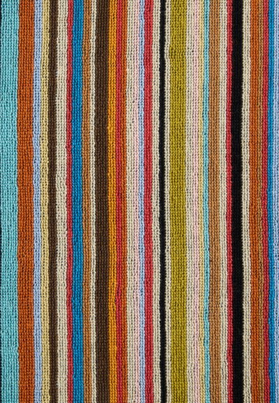 Mehrfarbiger gewebter Teppich mit horizontalen Streifen in Türkis, Braun, Rot, Orange, Gelb und Creme, mit einer strukturierten Oberfläche.