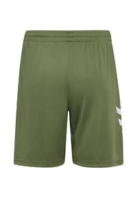 Olivgrön atletiska shorts med texturerat tyg, elastisk midja och vita detaljer på den nedre sidan.