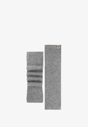 Two grey knitted arm warmers, one scrunched and one flat with a small fabric tag on a plain white background.