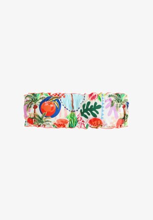 Krāsains bandeau tops ar tropisko augļu rakstu dažādās krāsās. Izgatavots no elastīga auduma ar volāniem un elastīgu joslu.
