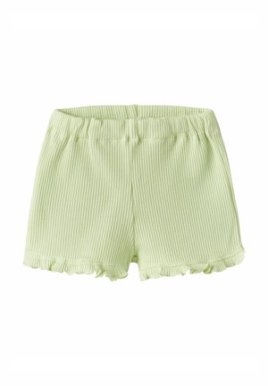 Light green ribbed fabric shorts with elastic waistband and ruffled hems for children.