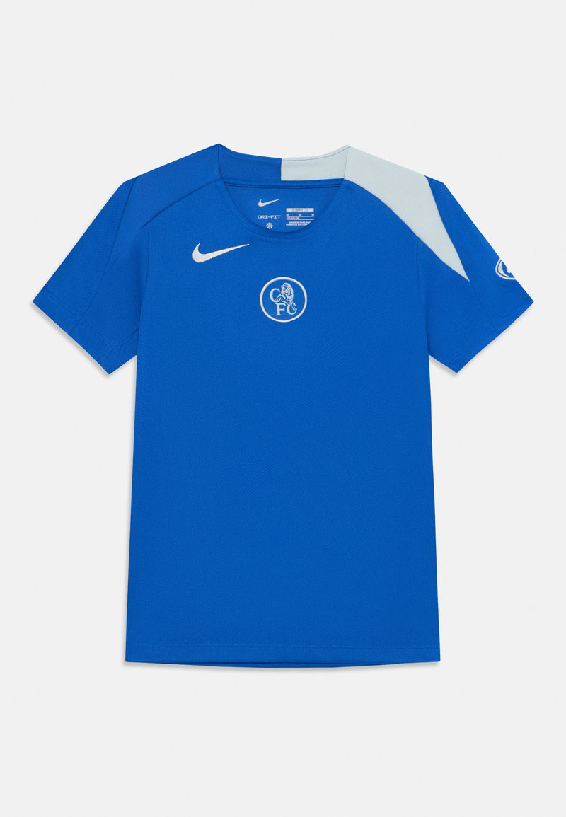 Kék, rövid ujjú Nike mez, világosszürke vállbetéttel, középen, a mellkas magasságában a Chelsea FC kör alakú logójával.