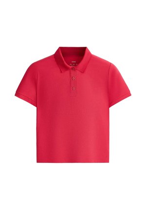 Red short-sleeve polo shirt with a collar and three-button placket, made from smooth fabric, displayed on a white background.