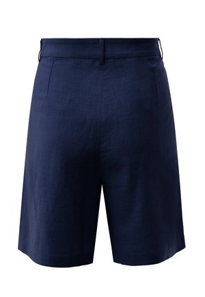 Pantaloncini blu navy su misura con passanti per cintura, davanti piatto e una sottile finitura in tessuto strutturato.