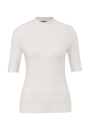 Witte top met korte mouwen en een opstaande kraag, gemaakt van een gladde brei-stof. Heeft een aansluitend ontwerp en ribbelrandjes op de mouwen en de zoom.