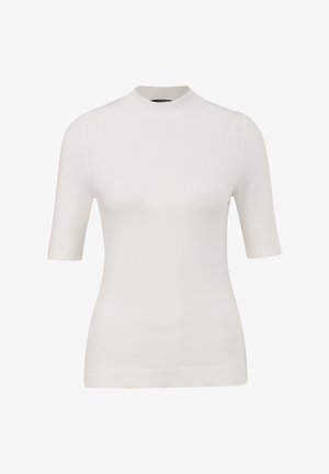 Biała bluzka z krótkim rękawem i golfem, wykonana z gładkiego dzianinowego materiału. Posiada dopasowany fason oraz żebrowane wykończenia na rękawach i dolnym brzegu.