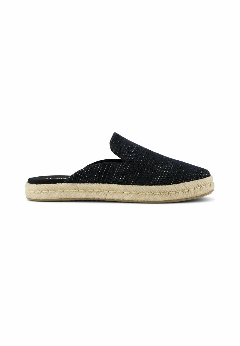 Black espadrille slide with a textured fabric upper, featuring a slip-on design and a woven jute sole. Simple, minimalistic silhouette.