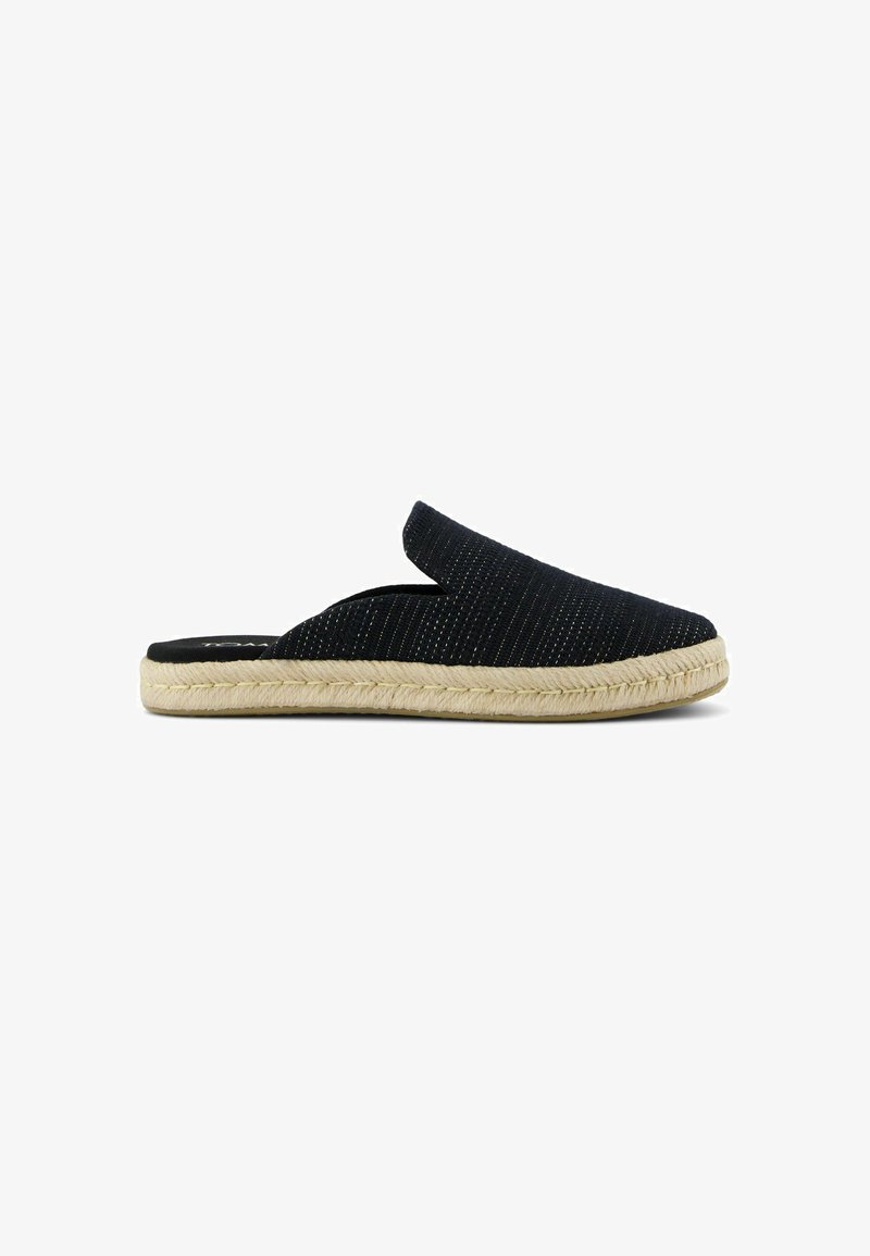 Black espadrille slide with a textured fabric upper, featuring a slip-on design and a woven jute sole. Simple, minimalistic silhouette.