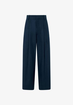 Marinefarbene, weit geschnittene Hosen aus glattem Stoff. Verfügt über eine hohe Taille, seitliche Taschen und eine gefaltete Vorderseite für zusätzliche Details.