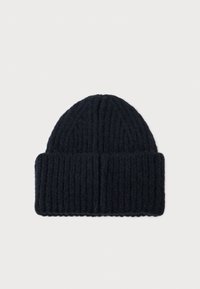 Gorro de malha azul-marinho com textura canelada e bainha dobrada. Feito de material quente e macio, adequado para climas mais frios.