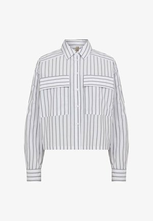 Cropped button-up shirt in white with narrow black stripes. Features two front pockets and long sleeves with stripe detailing on cuffs.