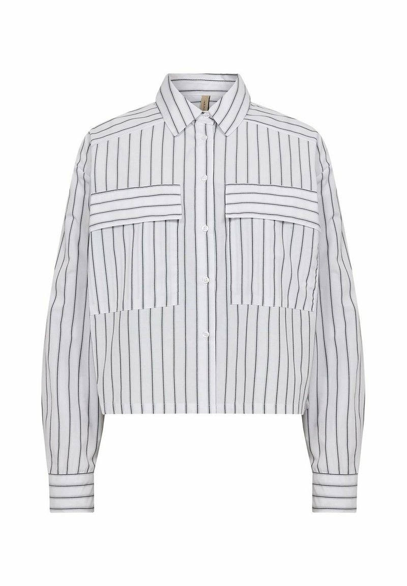 Korte-button-up shirt in het wit met smalle zwarte strepen. Bevat twee voorkruiken en lange mouwen met streepdetails op de manchet.