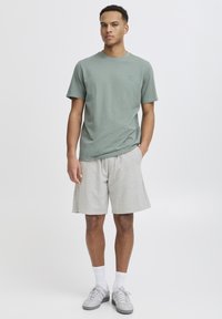Jasnozielona bawełniana koszulka z okrągłym dekoltem i małym logo na piersi, w połączeniu z szarymi bawełnianymi szortami i szarymi tenisówkami.