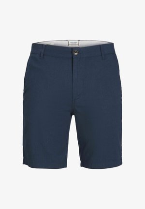 Džins kratke hlače mornarsko plave boje izrađene od teksturiranog materijala s prednjim zatvaranjem na gumb, školjkama za remen i bočnim džepovima. Jednostavan dizajn bez uzoraka.