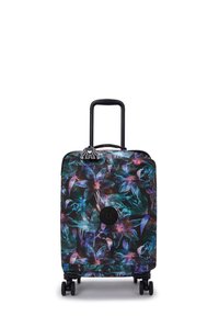 Rolling suitcase with a black floral pattern in blue, purple, and green. Features a black handle, four wheels, and a logo patch.
