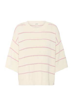 Knit pullover sweater in cream with pink horizontal stripes, featuring a wide neckline and short sleeves with ribbed edges.