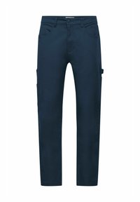 Navy blue cargo pants made of cotton blend, feature multiple pockets, a button closure, and straight-leg design. Soft, smooth texture.