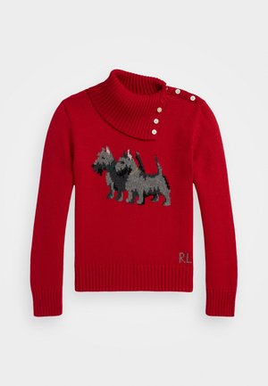 Suéter rojo de punto con cuello alto acanalado, que presenta un motivo de perro en gris y negro, y tres botones decorativos en el cuello.