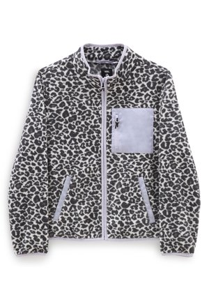 Fleecejakke med sort-hvid leopardprint, lynlås foran, to forlommer og en lysegrå lynlåslomme på brystet.