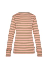 Long-sleeve top featuring alternating pink and beige horizontal stripes; soft cotton material with a rounded neckline and fitted sleeves.