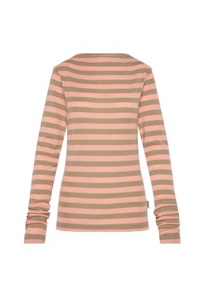 Long-sleeve top featuring alternating pink and beige horizontal stripes; soft cotton material with a rounded neckline and fitted sleeves.