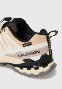 Baskets de sport beiges et noires avec une tige texturée, étiquette Gore-Tex et talon renforcé. Présente une semelle à motifs pour une meilleure adhérence.