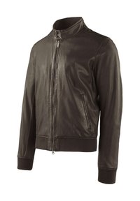 Brun læderjakke med ståkrave, lynlåslukning foran, ribbede manchetter og en glat overflade. Har sidelommer.