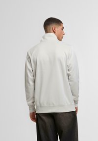 Felpa zip con collo alto di colore grigio chiaro, con maniche lunghe e fondo a costine. Tessuto morbido, design minimalista, senza pattern visibili.