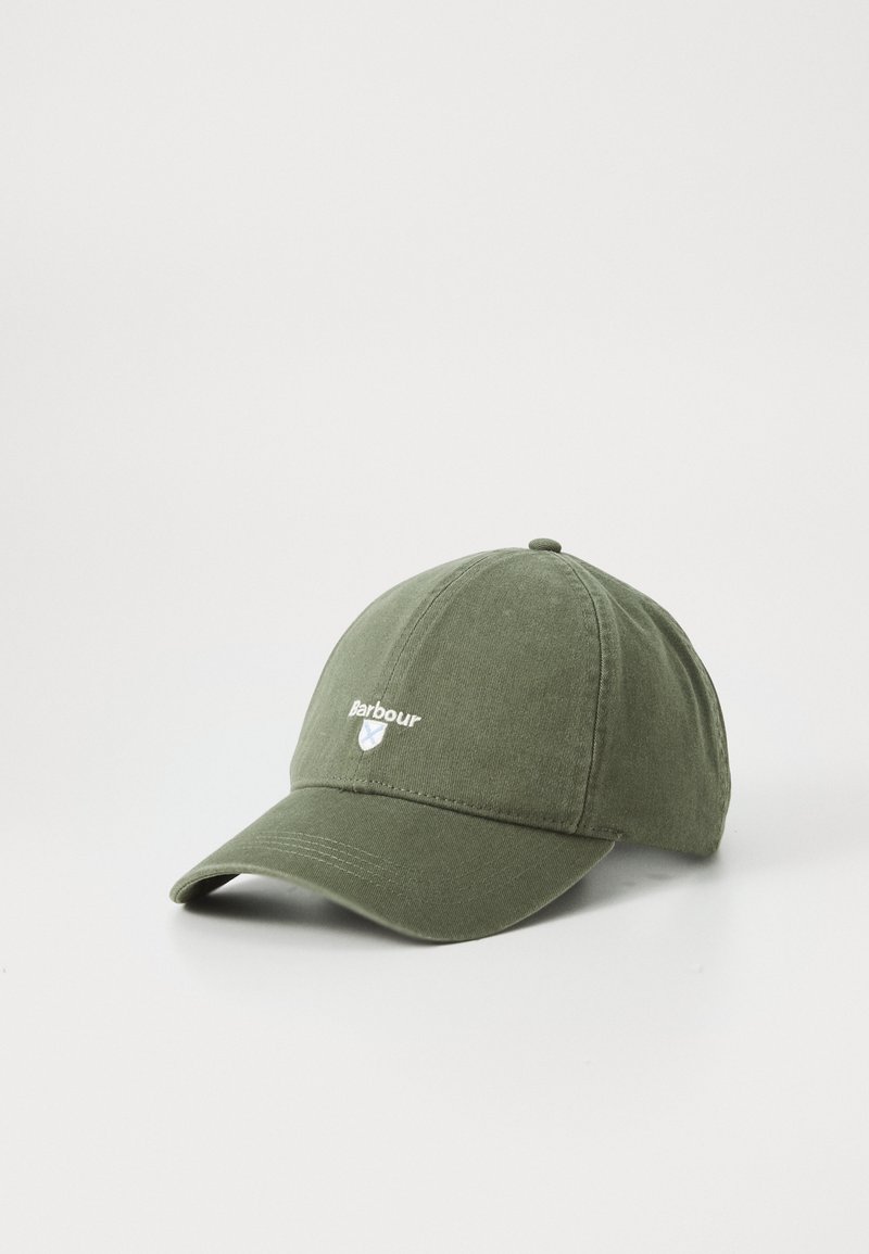 Olivově zelená bavlněná baseballová čepice s prohnutým kšiltem, na které je vyšívané logo "Barbour" a štít. Texturovaný povrch, strukturovaný design.
