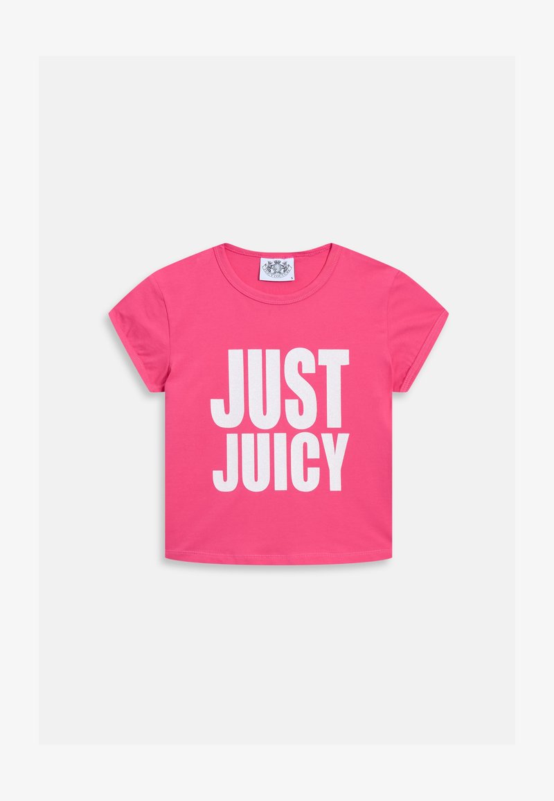 Pink short-sleeve T-shirt made of cotton featuring large white lettering that reads "JUST JUICY" across the front.