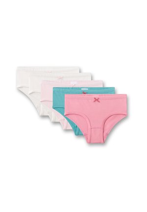 Vijf paar katoenen slips in roze, turquoise, wit en lichtroze, met een klein decoratief strikje op de tailleband.