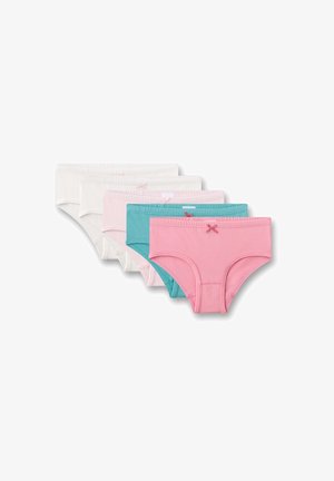 Vijf paar katoenen slips in roze, turquoise, wit en lichtroze, met een klein decoratief strikje op de tailleband.