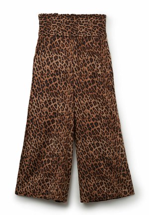 Pantalones de pierna ancha con estampado de leopardo y cintura fruncida, en tonos terrosos de marrón y negro, con una textura suave y lisa.