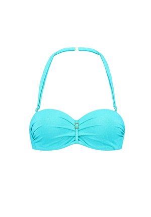 Haut de bikini turquoise en tissu texturé, sans bretelles, avec un centre froncé et des détails en métal doré à l'avant.