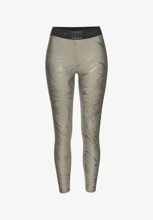 Fitted athletic leggings in olive green featuring a metallic marbled pattern, black elastic waistband with embossed text.