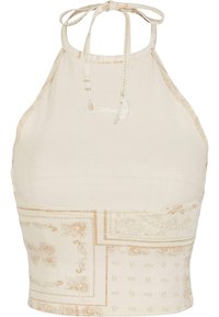 Heledad-bež värviline crop top, millel on peen paisleimuster pruunides toonides, pehme kangas ja reguleeritavad kaelapaelad individuaalseks sobivuseks.