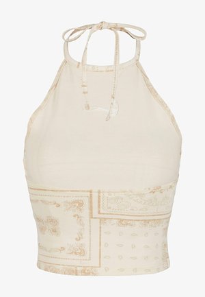 Light beige halter crop top featuring a paisley pattern in subtle brown tones, soft fabric, and adjustable neck ties for a custom fit.