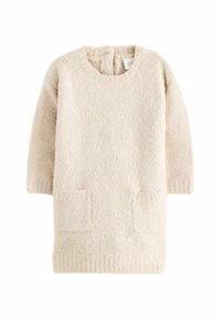 Robe en laine tricotée beige clair avec un col rond, des manches longues et deux poches avant, présentant une finition douce et texturée.